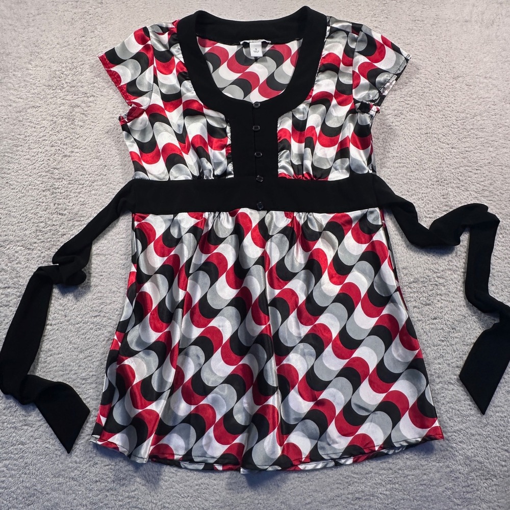 Vintage Y2K‎ Dressbarn Top Blouse Abstract Print Tie Waist Short Sleeve S